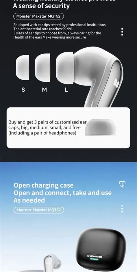 Monster MQT52 Wireless Bluetooth 5.4 Earphones Long Battery Life Gaming